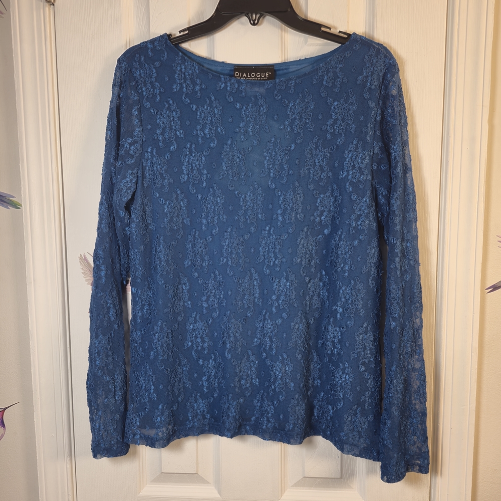NWT Dialogue Royal Blue Teal Floral Lace Overlay Top Size M – Feminine - Picture 2 of 9